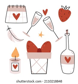 Conjunto de ilustraciones vectoriales para el Día de San Valentín. Corazones, regalos, champán, gafas, bolígrafo, vela, calendario. Ilustración plana, lineal y minimalista.