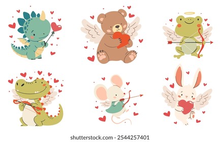 Set of vector illustrations for Valentine's Day. Cute cupids bear frog crocodile mouse dinosaur and hare, animals with wings and hearts