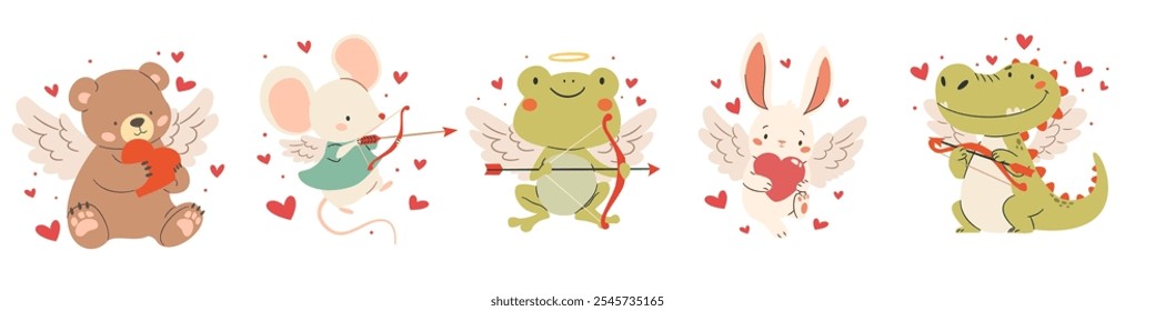 Conjunto de Ilustraciones vectoriales para el día de San Valentín. Lindos cupidos oso rana cocodrilo ratón dinosaurio y liebre, animales con alas y corazones