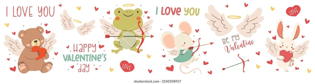 Set of vector illustrations for Valentine's Day. Cute cupids bear frog crocodile mouse dinosaur and hare, animals with wings and hearts, valentine's day inscriptions