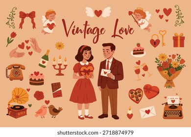 Un conjunto de Ilustraciones vectoriales. San Valentín. Artículos de estilo retro. Ilustraciones de Antiguas. Un hombre y una mujer en una cita. Diseños de tarjetas. Grande colección. Novio y novia. Dando regalos. Declaración de amor. La estética de la nostalgia. Un conjunto de pegatinas de San Valentín. Vector graphics trends. Estampados de ropa.