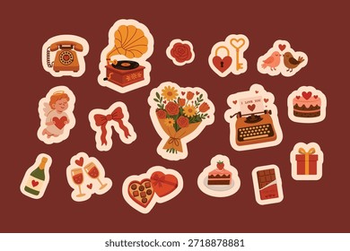 Conjunto de Ilustraciones vectoriales. San Valentín. Artículos de estilo retro. Pegatinas de Antiguas. Diseño de postal. Grande colección. Pegatinas con elementos retro. Regalo. Estampados para el diseño.