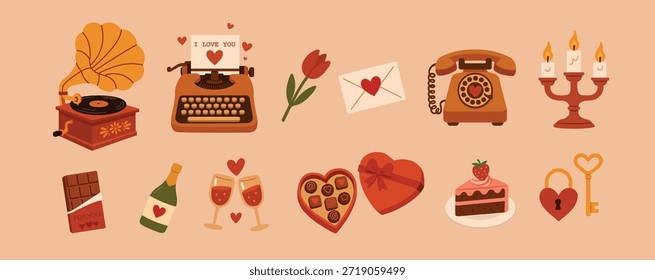 Conjunto de Ilustraciones vectoriales. San Valentín. Artículos retro. Pegatinas de Antiguas. Diseño de postal. Grande colección. Pegatinas de temática retro. Regalos. Impresiones de diseñador.