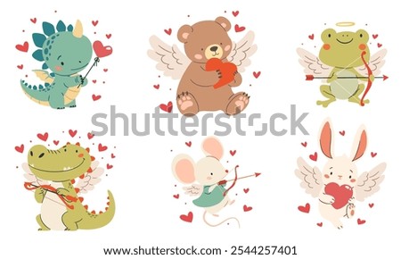 Set of vector illustrations for Valentine's Day. Cute cupids bear frog crocodile mouse dinosaur and hare, animals with wings and hearts