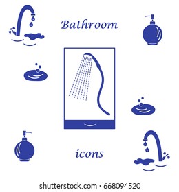 Set of vector illustrations of variety bathroom elements: faucet, liquid soap dispenser, shower. Design for poster or print.