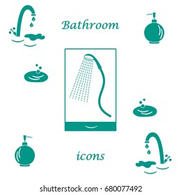 Set of vector illustrations of variety bathroom elements: faucet, liquid soap dispenser, shower. Design for poster or print.