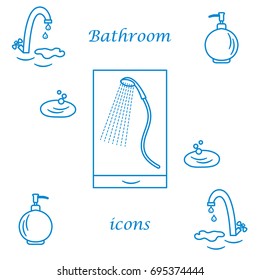 Set of vector illustrations of variety bathroom elements: faucet, liquid soap dispenser, shower. Design for poster or print.