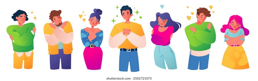 Un conjunto de Ilustraciones vectoriales con varios personajes. El concepto de autocuidado, amor propio, salud mental. Mujeres y hombres abrazándose, un gesto de autoconfianza durante los ataques de pánico