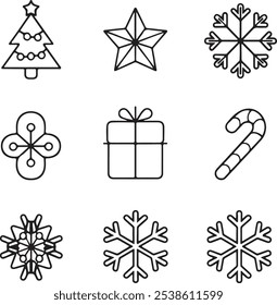 A set of vector illustrations of various Christmas icons with a solid white background. There are a candy cane, a snowflake, a Christmas tree, a star, and a gift box