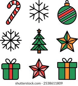 A set of vector illustrations of various Christmas icons with a solid white background. There are a candy cane, a snowflake, a Christmas tree, a star, and a gift box. 