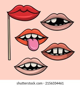 A set of vector illustrations, various funny drawings with different emotions, smiling lips, showing teeth, some teeth are missing, funny signs for a party with teeth
