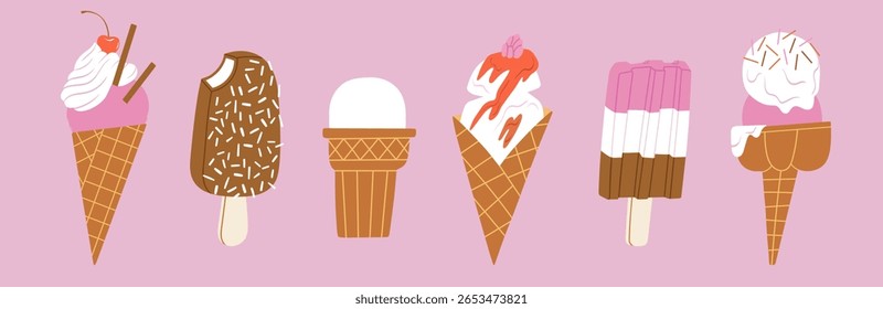 Conjunto de Ilustraciones vectoriales con varios helados. Bueno para crear diseños relacionados con postres, restaurantes, cafeterías, marcas, carteles, volantes, empaques. Sabor a cono, palo, chocolate y bayas 