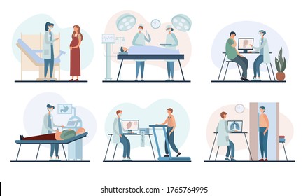 Set of vector illustrations with various medical practitioners performing examination procedures of male and female patients during work in contemporary clinic
