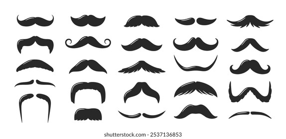 Conjunto de ilustrações vetoriais de vários estilos de bigode em silhuetas pretas. Inclui uma variedade de formas de bigodes clássicos enrolados a tipos grossos e largos, ideais para design, ícones ou modelos