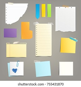 Set of vector illustrations of various paper leaves for notes, reminders in a realistic style isolated on a gray background.Copy space for messages, text.