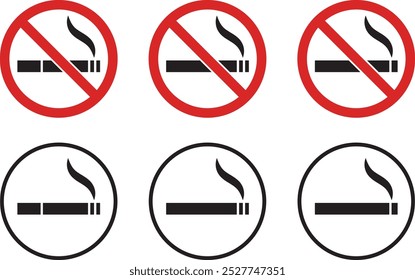 Set of vector illustrations of various shapes of cigarettes, no smoking and smoking areas