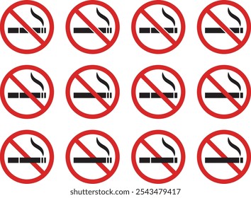 Set of vector illustrations of various shapes of cigarettes, no smoking and smoking areas