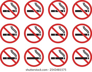 Set of vector illustrations of various shapes of cigarettes, no smoking and smoking areas