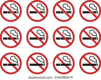 Set of vector illustrations of various shapes of cigarettes, no smoking and smoking areas