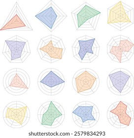 Set of vector illustrations of various shapes of radar charts, radar graphs and radar spider diagrams