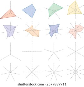Set of vector illustrations of various shapes of radar charts, radar graphs and radar spider diagrams