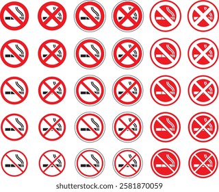 Set of vector illustrations of various shapes of cigarettes, no smoking and smoking areas