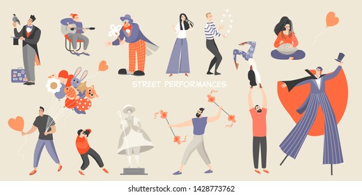 Set Of Vector Illustrations Of Various Street Performances. Big Festival Of Street Culture And Entertainment. Isolated Characters Of Street Musicians, Acrobats And Performers