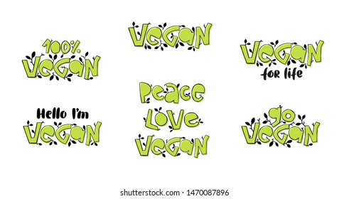 Set of vector illustrations of Vegan text for tags, stickers, advertising and banners. Hand drawn Fancy decorative lettering, typography for vegan production. 