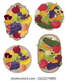 Set of vector illustrations with vegetables, and fruits on colorful plates and dishes, emphasizing eco-friendly shopping and fresh produce. Hand drawn