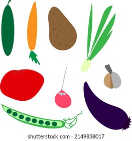 Set of vector illustrations. Vegetables on a white background. Cucumber, carrot, eggplant, onion, tomato, radish, pea, garlic on a white background