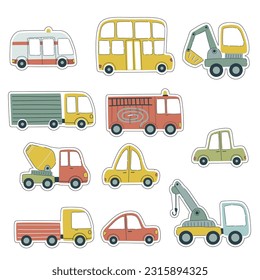 Set of vector illustrations with vehicles. Vector stickers with clipping path. Hand painted illustration for children's design in cartoon style.