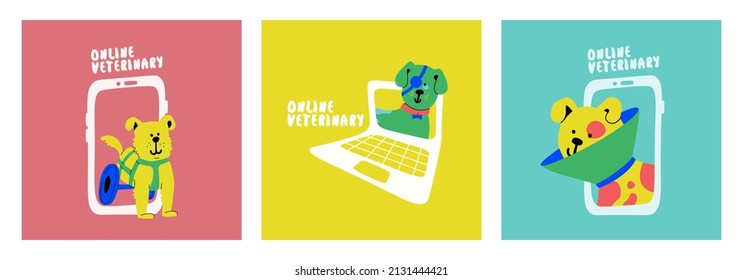 Set Of Vector Illustrations. Veterinary Online. Happy Puppy In A Wheelchair, Medical Eye Patch. A Disabled Dog Peeks Out Of A Smartphone And Laptop.