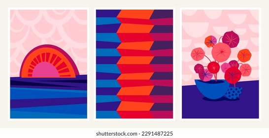 Conjunto de ilustraciones vectoriales, colores vibrantes, diseño gráfico, arte mural, puesta de sol, flores, rayas, afiches, postales, invitaciones, vintage, escandinavo