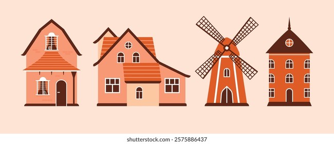 Set of vector illustrations with village houses. Flat naive style. Rural buildings, windmill. Cartoon cute architecture. Cliparts for card, banner, sticker.