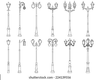 Set vector illustrations of vintage artistic decorative lamppost (drawn in ink).