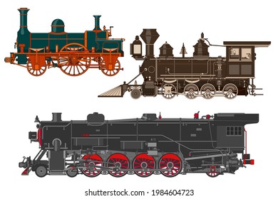 Conjunto de ilustraciones vectoriales de locomotoras vintage.