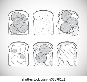 A set of vector illustrations, vintage, stylized icons, displaying toasts for breakfast or a picnic. Represent toasts with butter vetch, eggs, and lettuce leaves.