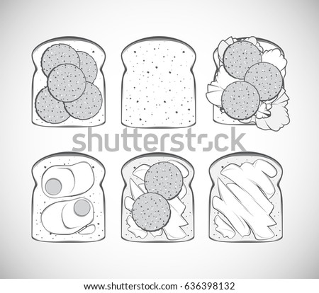 A set of vector illustrations, vintage, stylized icons, displaying toasts for breakfast or a picnic. Represent toasts with butter vetch, eggs, and lettuce leaves.