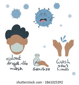 Set of vector illustrations of virus in cartoon hand drawn style for printing. Pandemic protection concept. Isolated on white