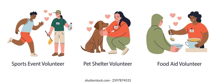 Set of vector illustrations with volunteers. Animal shelter, sports event, homeless shelter. Woman giving water to athlete, petting dog, serving food to poor. Friendly simple cartoon compositions