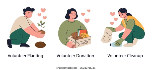 Set of vector illustrations with volunteers. Eco activist man planting tree, woman packing items in donate box, clean up trash in nature. Donation and social support. Friendly cartoon characters