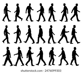 Set of vector illustrations of walking man silhouettes side view