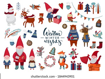 Set of vector illustrations Warm winter wishes. Santa Claus, cute gnomes, gift boxes, mouse, bear, fox, moose, snowman, trees, gingerbread, toys, christmas deer.