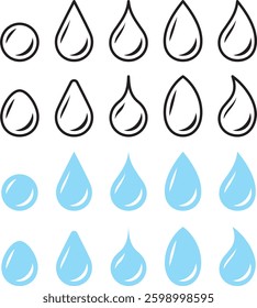 A set of vector illustrations of water drops and droplets of various shapes