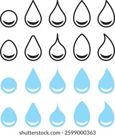 A set of vector illustrations of water drops and droplets of various shapes