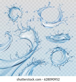 Set vector illustrations water splashes and flows, streams of various shapes. Design elements