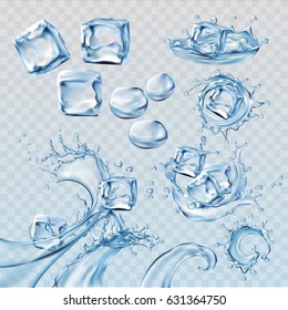 Establecer ilustraciones vectoriales salpicaduras y flujos de agua, arroyos con cubos de hielo derritiendo. Elementos de diseño