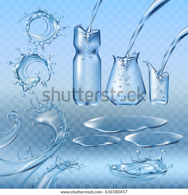 ベクターイラスト 水の跳ねと流れ さまざまな形の流れ ボトルに水を注ぐ 水差し グラスを設定します デザインエレメント のベクター画像素材 ロイヤリティフリー 636580457