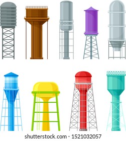 Set Of Vector Illustrations Of Water Towers of Different Colors And Design