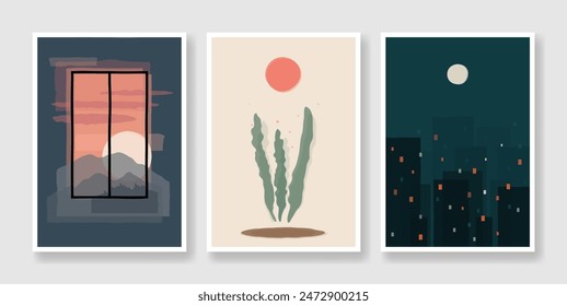Conjunto de Ilustraciones vectoriales. Estilo acuarela. Diseños transparentes. Planta, vista desde la ventana y ciudad nocturna. Fotos minimalistas. Abstractas y sencillo.